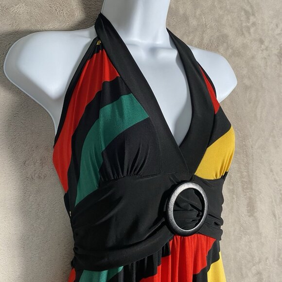 Vintage Y2K Wet Seal Maxi Dress Size L Retro Colorful Halter Tie Stretch V Neck - Picture 5 of 16